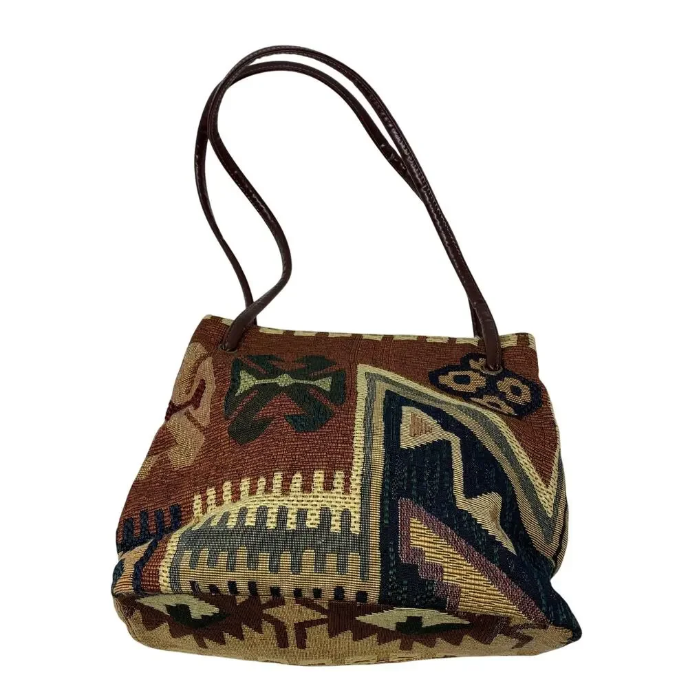 Nine West Southwestern Tapestry Shoulder Bag Brown Aztec Tribal Carpet Purse VTG